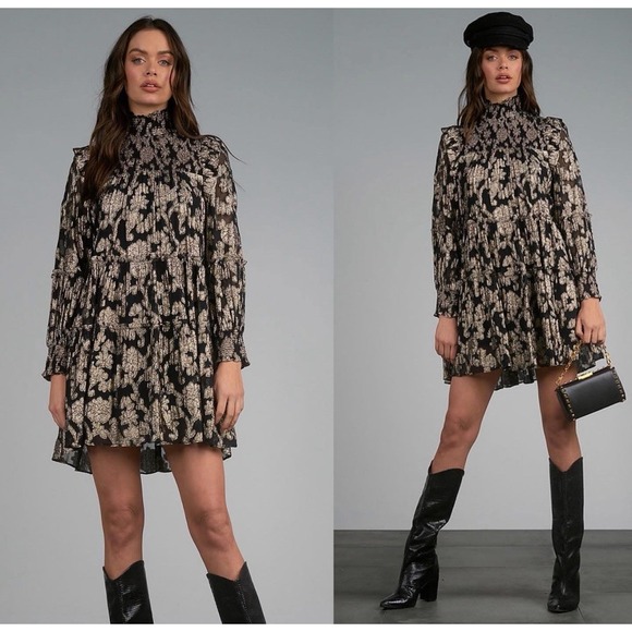 Elan Metallic Mock Neck Mini A Dress Black Gold‎ Zip Cotton Lined Floral Size S - Picture 1 of 10
